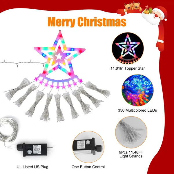 1Pc 11.48FT 350LED Multicolored Christmas Star Waterfall Tree String Light Indoor Outdoor Waterproof String Lights With Star Topper 8 Light Modes Memory Function For Holiday Wedding Yard Party Home