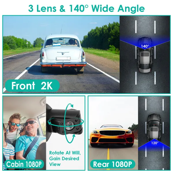 2K Car DVR 3 Channel Dash Cam Camcorder Camera Recorder With 140 Angle GPS WiFi Night Vision G-sensor Loop Recording Parking Monitor