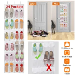 Over The Door Shoes Rack 24-Pocket Crystal Clear Organiser 6-Layer Hanging Storage Shelf For Shoes Slippers Small Toys Closet Cabinet - White - View 1