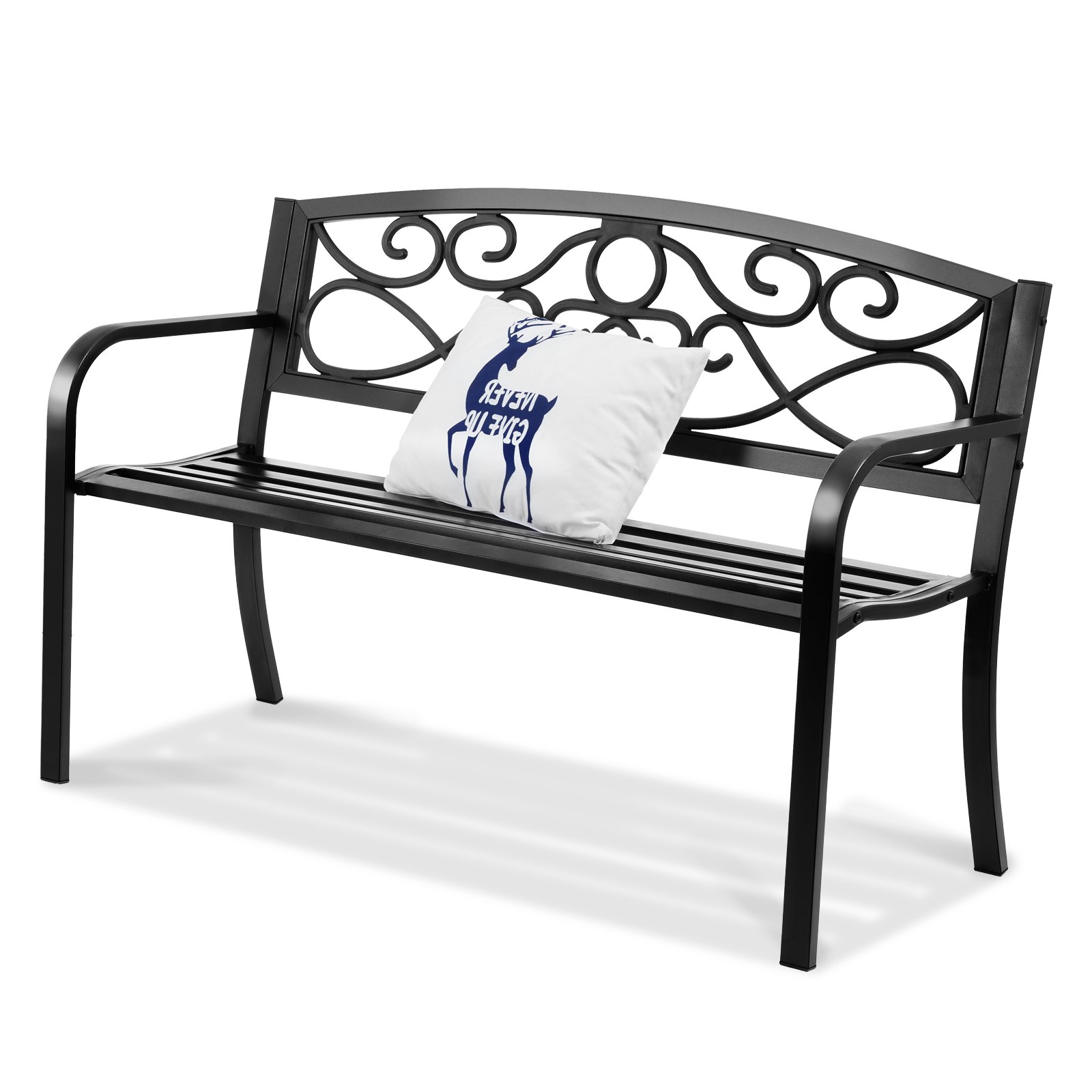 Metal garden bench styled with cushions and side table on a front porch