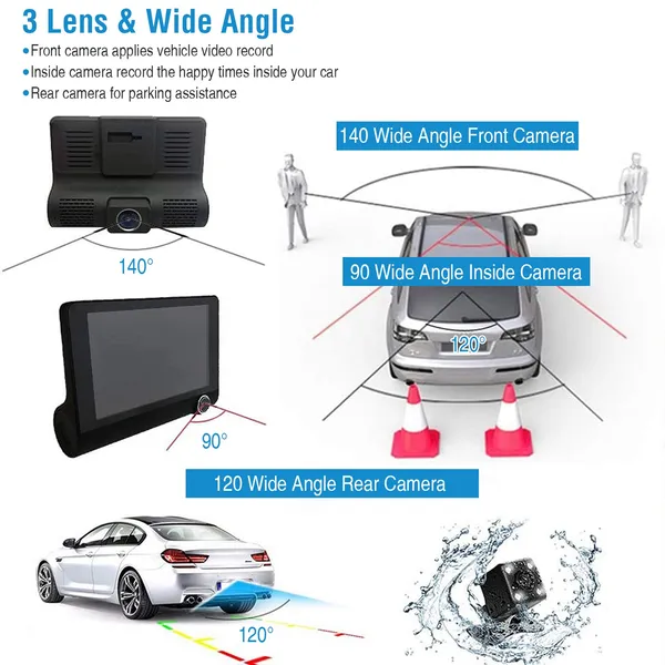 1296P Car DVR Dash Camera 4In 3 Lens Vehicle Driving Recorder Seamless Recording_voghion.com