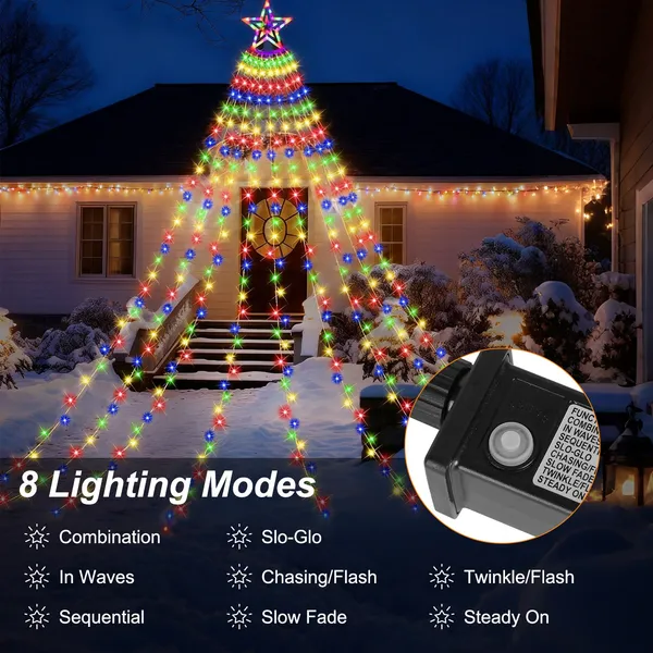 1Pc 11.48FT 350LED Multicolored Christmas Star Waterfall Tree String Light Indoor Outdoor Waterproof String Lights With Star Topper 8 Light Modes Memory Function For Holiday Wedding Yard Part