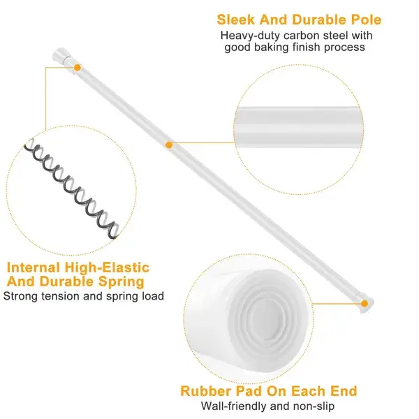 Tension Curtain Rod Spring Load Adjustable Curtain Pole Heavy-Duty Steel 4 Sizes For Bathroom Wardrobe Kitchen Balcony 200cm