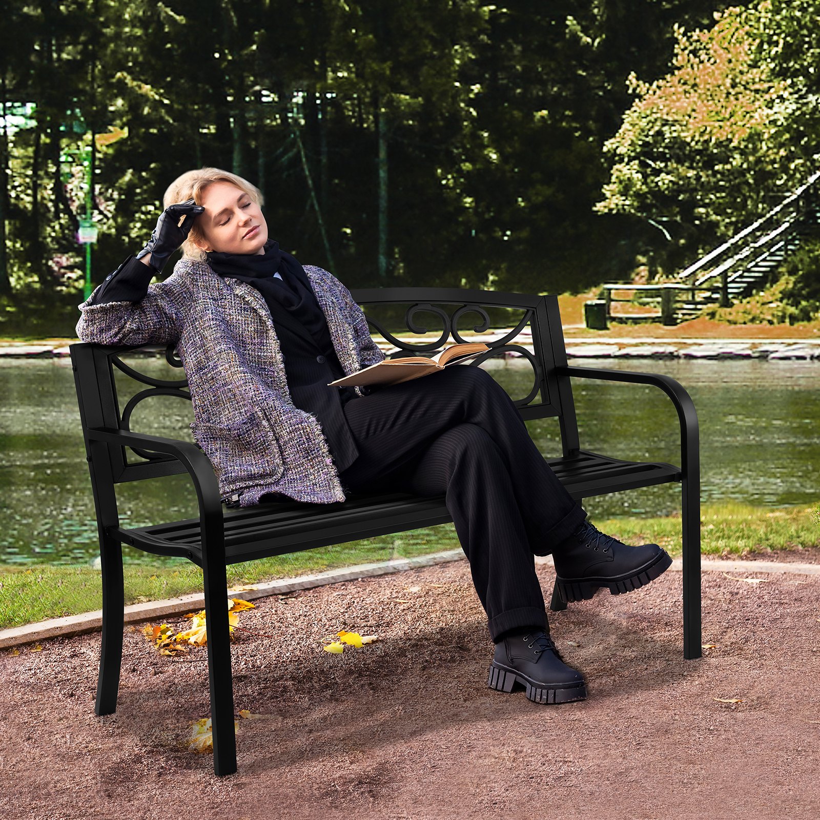 Metal garden bench with floral backrest on a patio showing full width and seating capacity