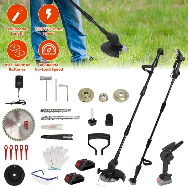 3-in-1 Cordless Electric Pole Saw & Mini Chainsaw & Grass Trimmer Kit With Adjustable Length 2Pcs 21V 1500mAh Batteries 4in/6in Chains Saw Blade 5Pcs Plastic Bl