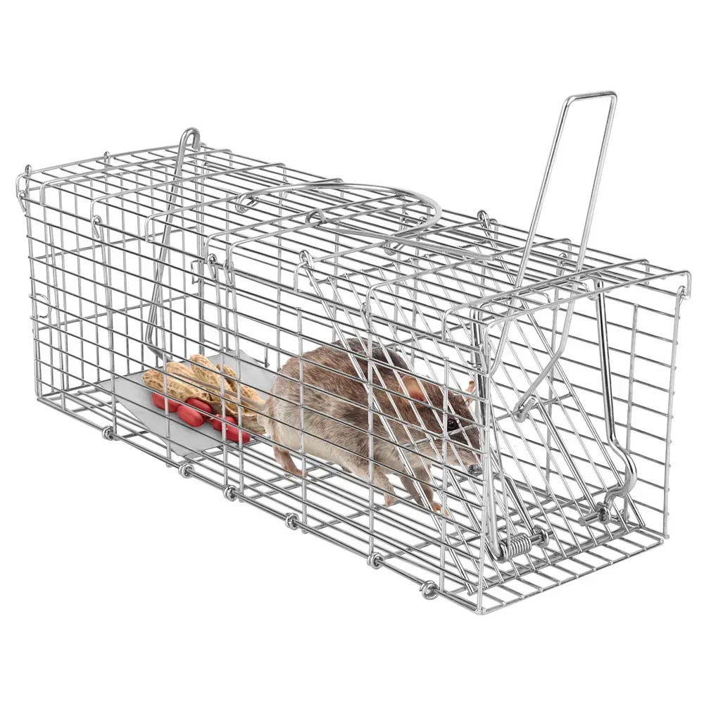 Foldable Rat Trap Cage Humane Live Rodent Trap Cage Galvanized Iron Mice Mouse Control Bait Catch With Detachable L Shaped Rod - Silver