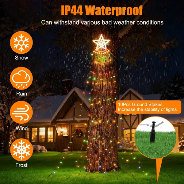 1Pc 11.48FT 350LED Multicolored Christmas Star Waterfall Tree String Light Indoor Outdoor Waterproof String Lights With Star Topper 8 Light Modes Memory Function For Holiday Wedding Yard Part