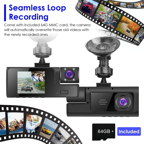 WiFi FHD 1080P Car Dash Cam 3 Channels Front Rear Inside Dash Camera With Loop Recording Reversing Visual 170° Wide Angle 64G Card Included