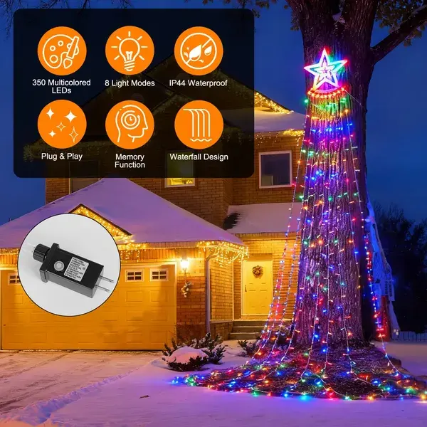 11.48FT 350LED Multicolored Christmas Star Waterfall Tree