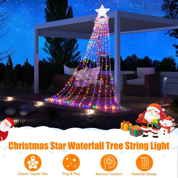 1Pc 11.48FT 350LED Multicolored Christmas Star Waterfall Tree String Light Indoor Outdoor Waterproof String Lights With Star Topper 8 Light Modes Memory Function For Holiday Wedding Yard Part