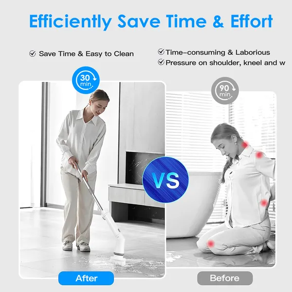 Electric Spin Scrubber Cordless Rechargeable Telescopic Cleaning Brush 6 Replaceable Heads 2 Speed Adjustable Extension Arm Bathroom Tub Tile Floor - Image 4