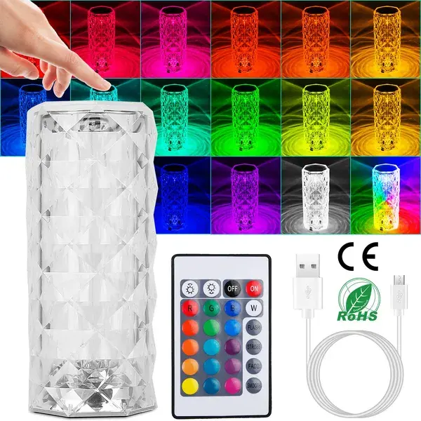 Crystal Diamond Rose Table Lamp Dimmable Remote