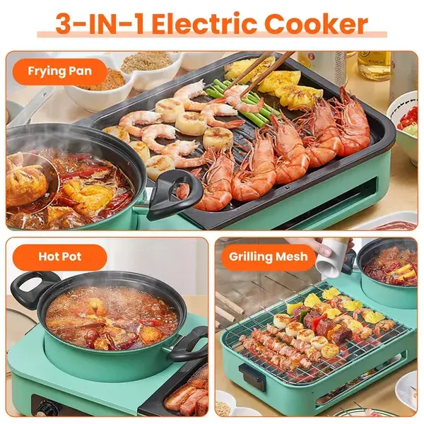 Electric Grill And Hot Pot Combo - 1600W Smokeless Korean BBQ Grill With Dual-Zone Cooking Non-Stick Surface & Adjustable Temp Control For 3-6 People Indoor/Out