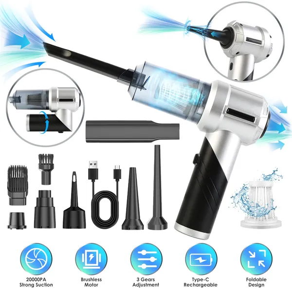 Cordless Car Vacuum Cleaner Portable Handheld Vacuum With 20000PA Suction Brushless Motor 3 Suction Levels Type-C Rechargeable Compressed Air Duster Blower For Home Car Camp Office