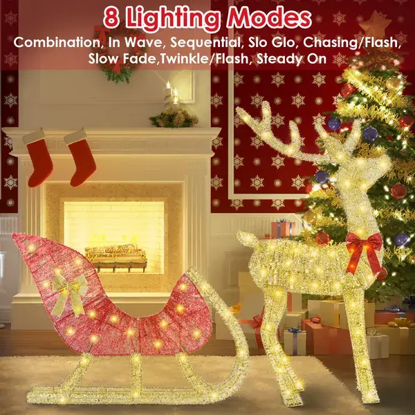 Lighted Christmas Reindeer & Sleigh Indoor Outdoor Christmas Decoration Christmas Lighted Display With 8 Lighting Modes