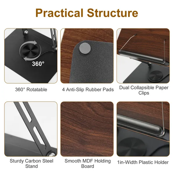 1Pc/2Pcs Book Stand For Reading Foldable Wood Book Holder Reading Rack Paper Stand With Adjustable Height 360° Rotatable Base Dual Paper Clips For Book Sheet Music Laptop Drawing Tablet