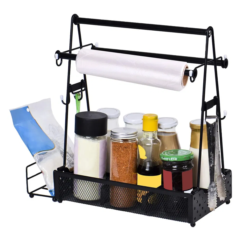Utensil Caddy Metal Grill Caddy With Paper Towel Holders Utensil Holder For Outdoor Picnic Barbecue Camping Grilling Tools Storage · Black