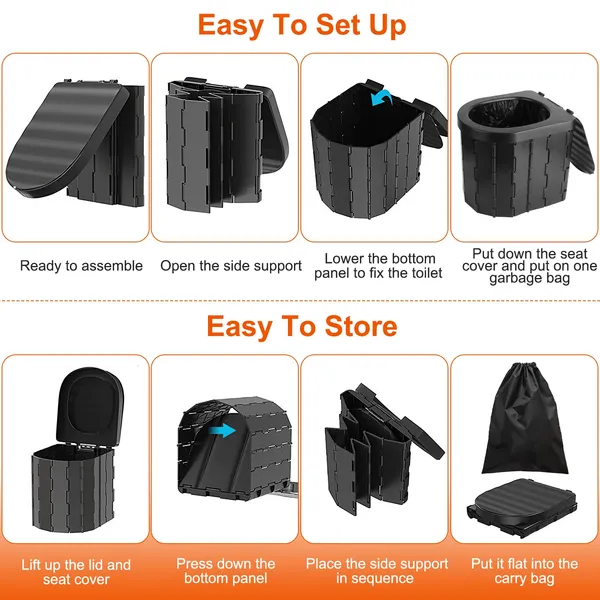 Portable Toilet Foldable Emergency Porta Potty With Lid Carry Bag 1 Roll Garbage Bags For Car Travel Camping Boating Hiking Cleanable Travel Commode