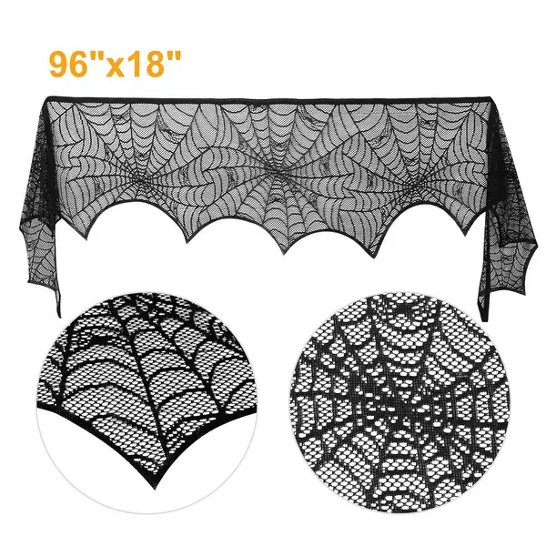 1Pc Halloween Decoration Black Lace Spiderweb Fireplace Mantle Scarf Cover Festive Party Supplies Fireplace Scarf 96 X 18 Inch For Halloween Christmas Party Doo