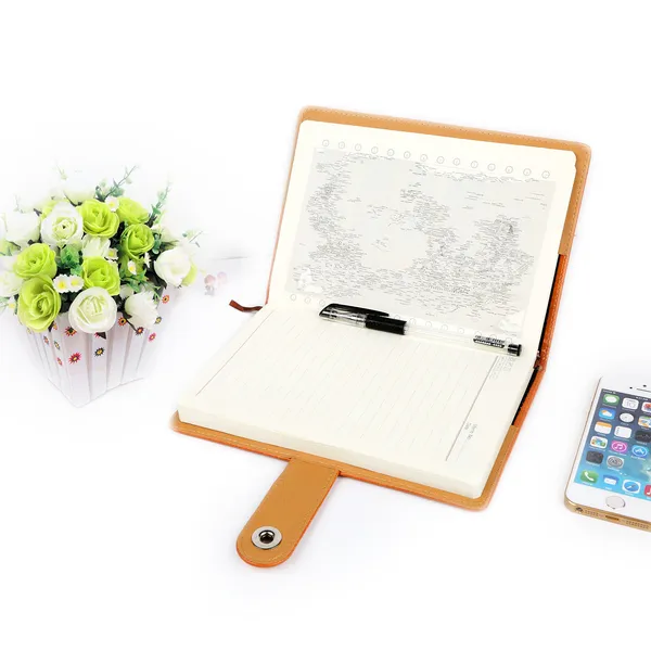 PU Leather Cover Notebook Memopad With Calendar World Map And Silk Ribbon