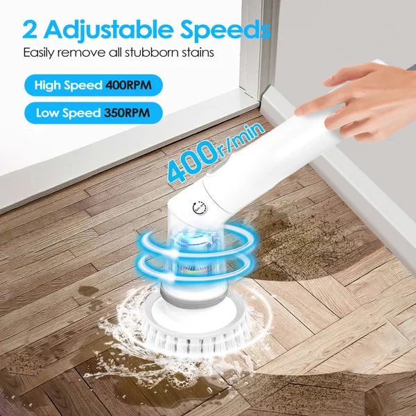 Electric Spin Scrubber Cordless Rechargeable Telescopic Cleaning Brush 6 Replaceable Heads 2 Speed Adjustable Extension Arm Bathroom Tub Tile Floor - Image 2