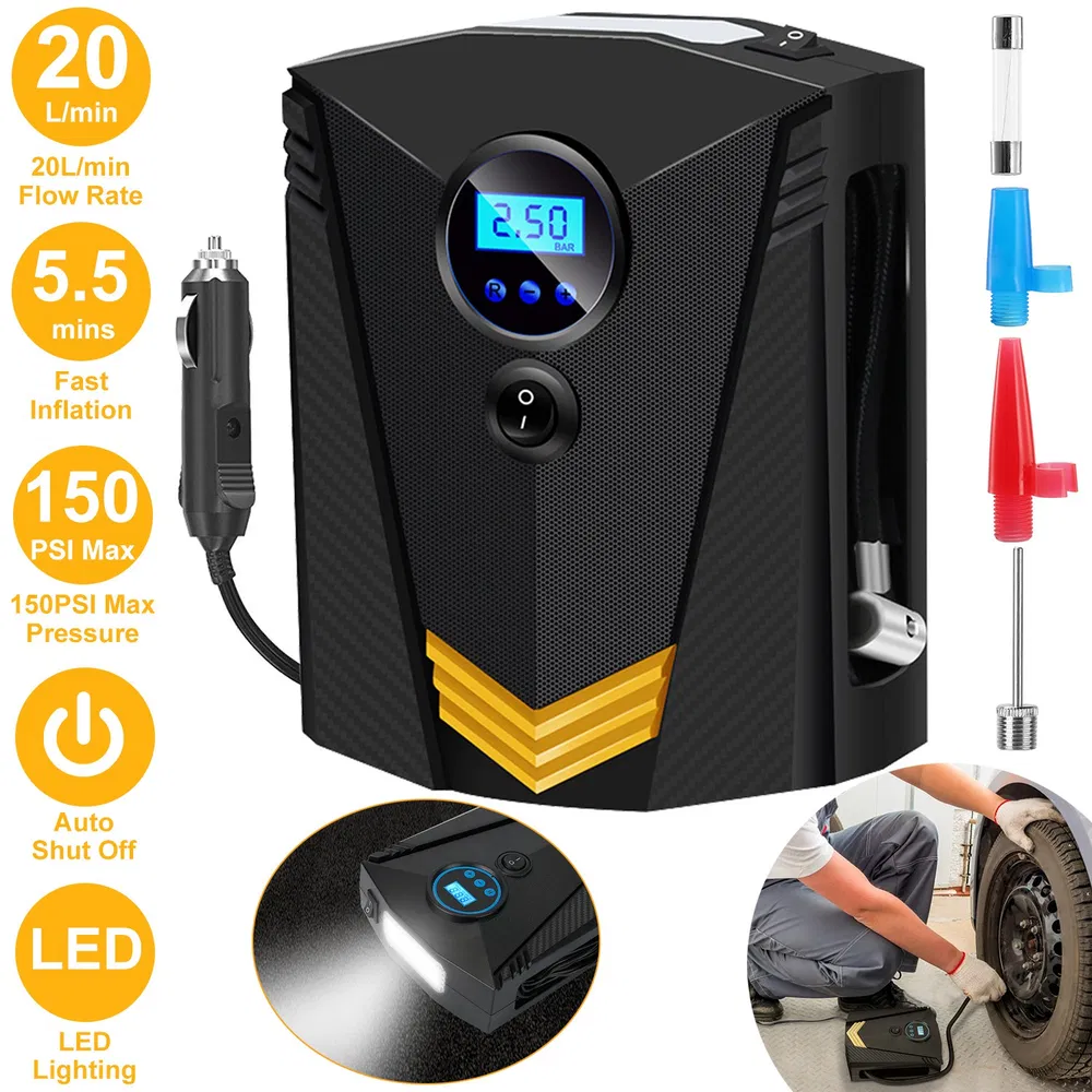 Tire Inflator 12V DC 100W 150PSI Digital Tire Pump W/LCD Display Electric Air Compressor Pump 20L/Min Air Flow – Black