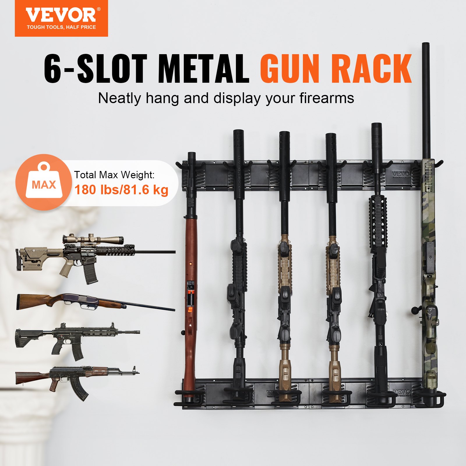 Gun Rack, Indoor Gun Rack Wall Mount, 6-Slot Vertical Rifle