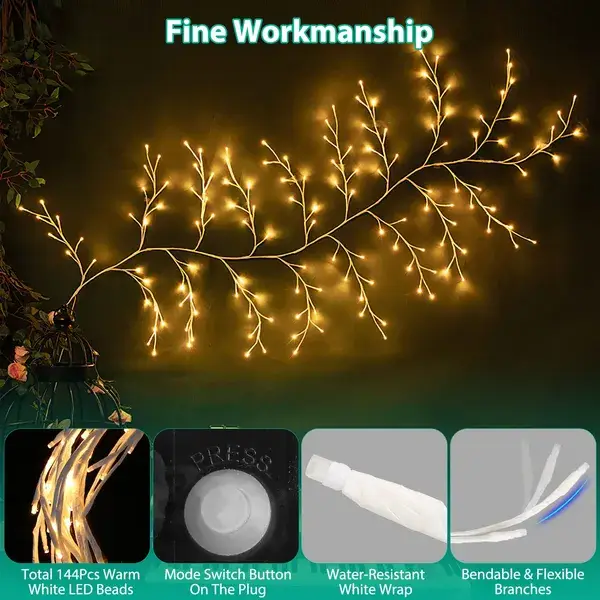 Lighted Birch Garland 7.87FT Lighted Twig Vine Lights 144LED Birch Garland With Lights String Light With Timer 8 Modes IP45 Waterproof For Christmas Fireplace H