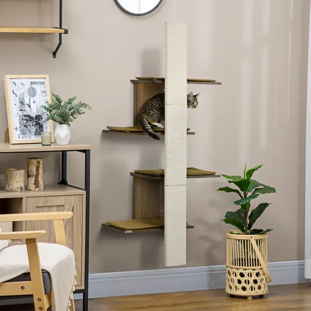65" Corner Modern Cat Tree Tall for Climbing Natural Wood Finish - Shop at LoveMi