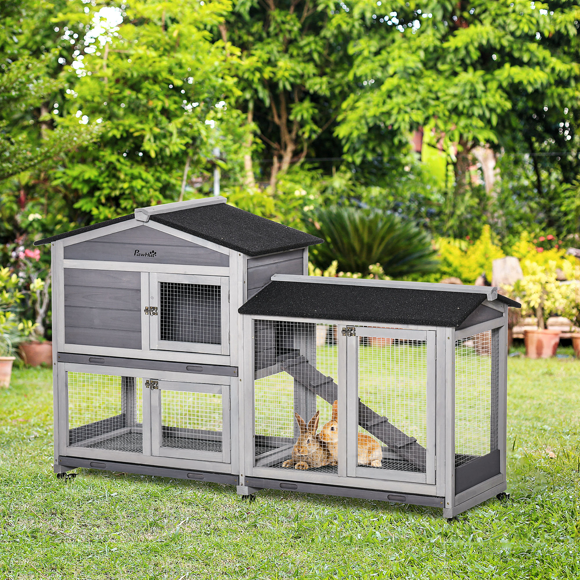 62" Mobile Rabbit Hutch with Wheels Light Grey - Shop at LoveMi