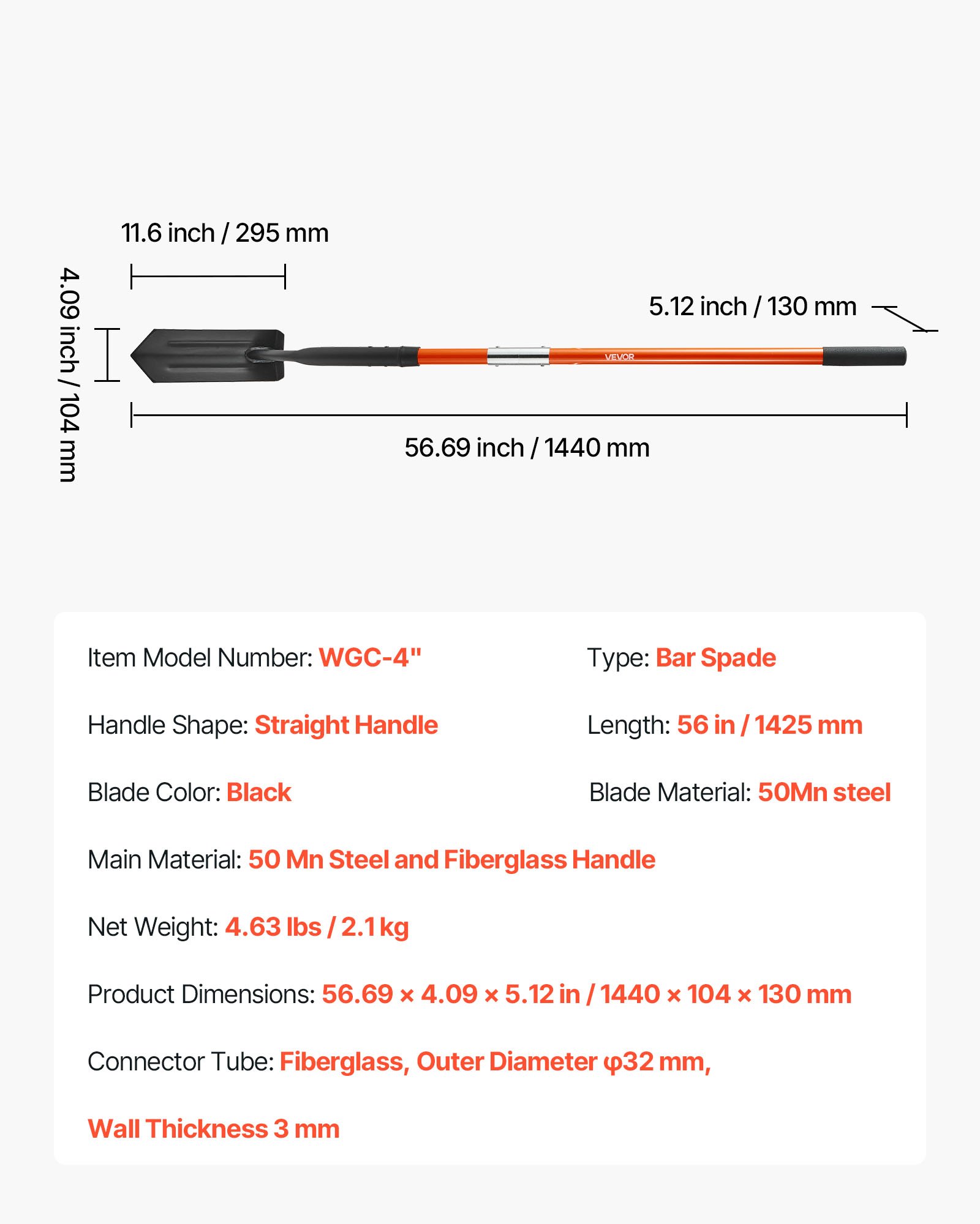 Narrow spade blade detail showing alloy steel construction