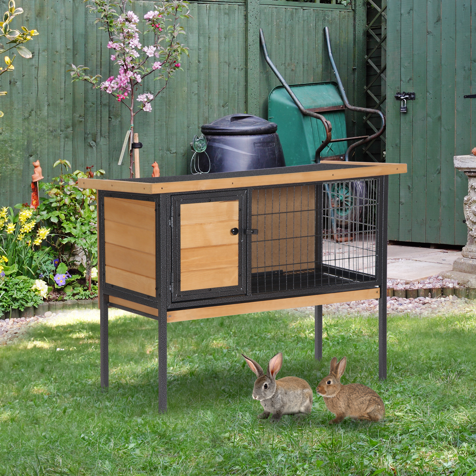 Rabbit Hutch Elevated Bunny Cage Small Animal Habitat with Frame Natural Wood, Black - Shop at LoveMi
