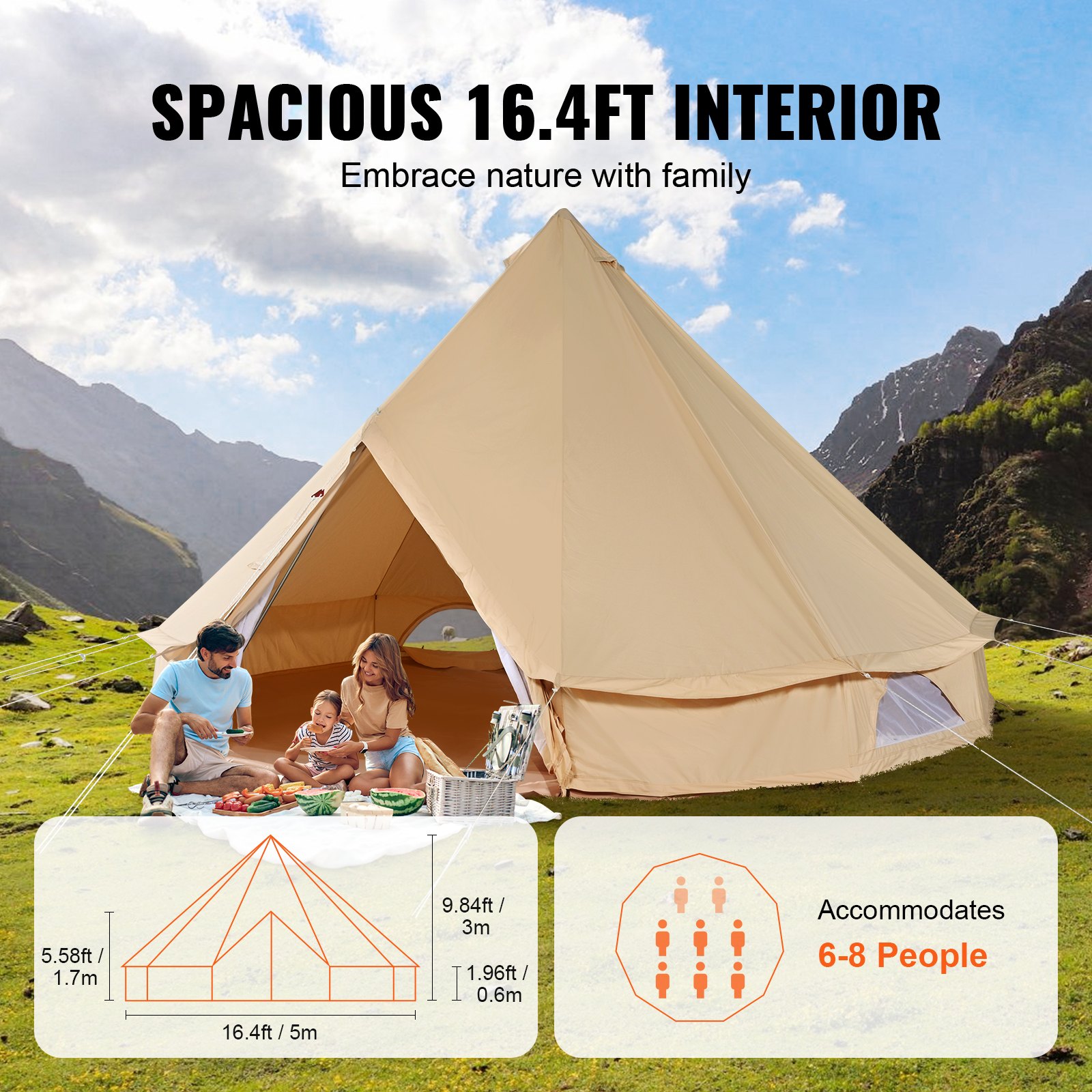 Canvas Bell Tent, 4 Seasons 5 M/16.4 Ft Yurt Tent, Canvas