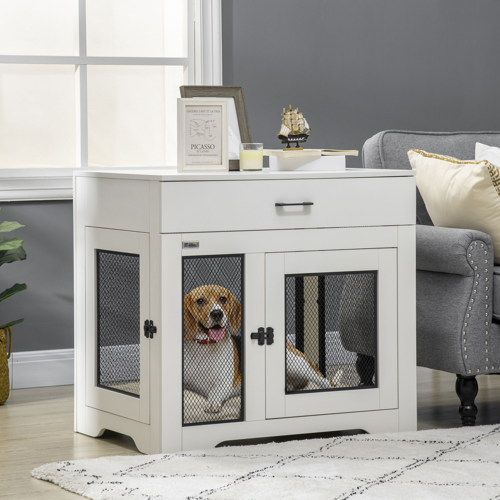 Dog Crate Furniture with Soft Water Resistant Cushion White - Shop at LoveMi