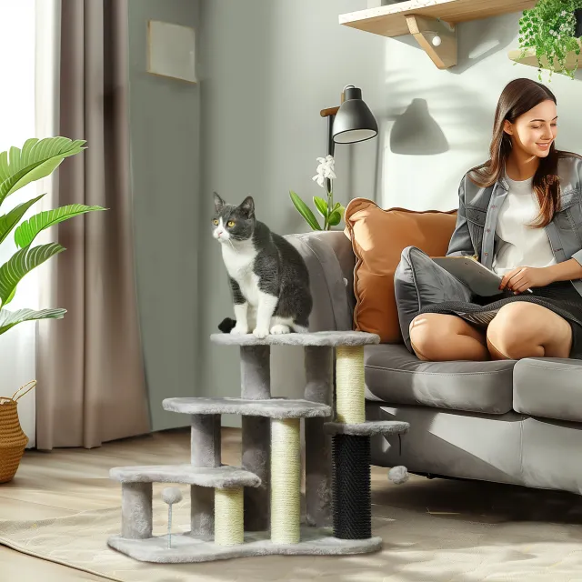 1 Cat Tree Tower 3 Step Pet Stairs with Scratching Posts Light Gray - Shop at LoveMi