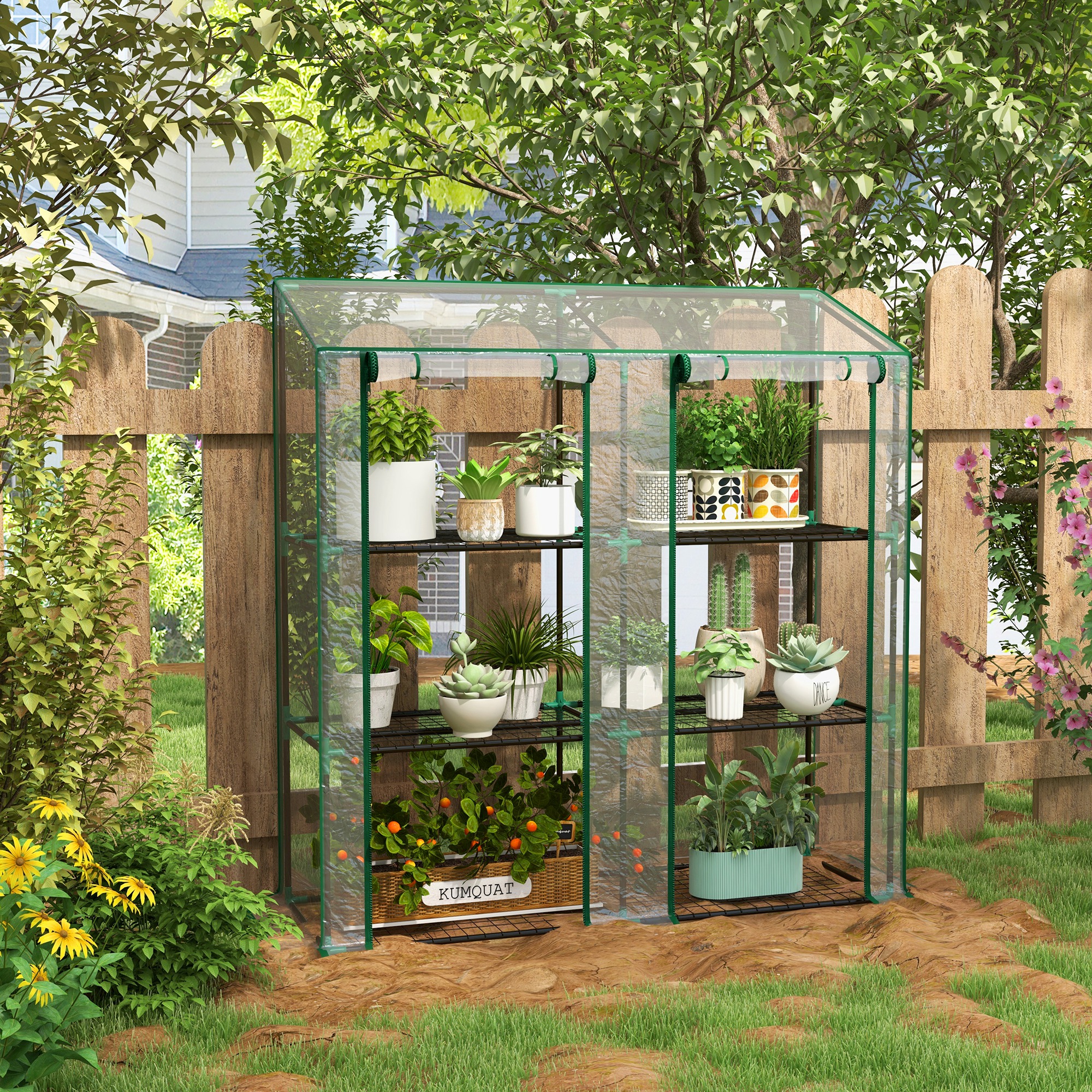 Mini Greenhouse, Portable Greenhouse with 4 Tier Shelves, Roll Up Door, and Plastic Cover, 41.3" x 17.7" x 63", Green Clear - Shop at LoveMi
