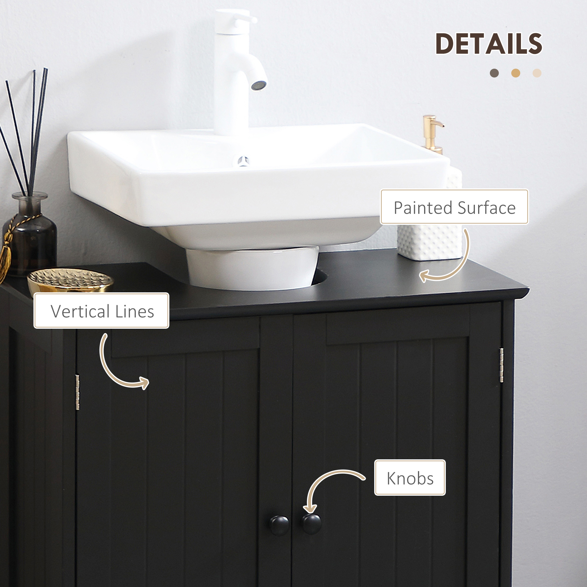 Under Sink Bathroom Cabinet, Pedestal Sink Storage Cabinet with 2 Doors, Shelf and U-Shape, Black image 5