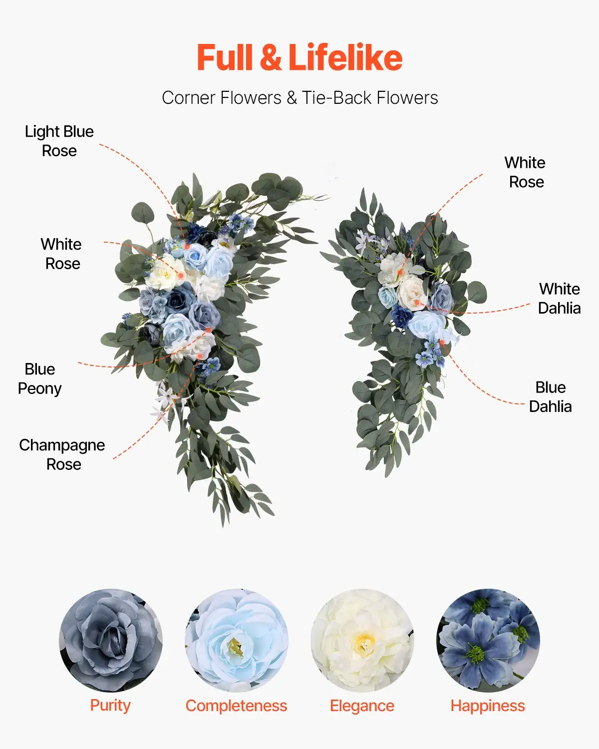 Artificial Wedding Arch Flowers Kit, Blue Wedding Arch Flowers With Drapes Kit (Pack Of 4) - 2 Pcs Floral Arrangement, 2 Pcs Sheer Drapes, For Ceremony Bouquets