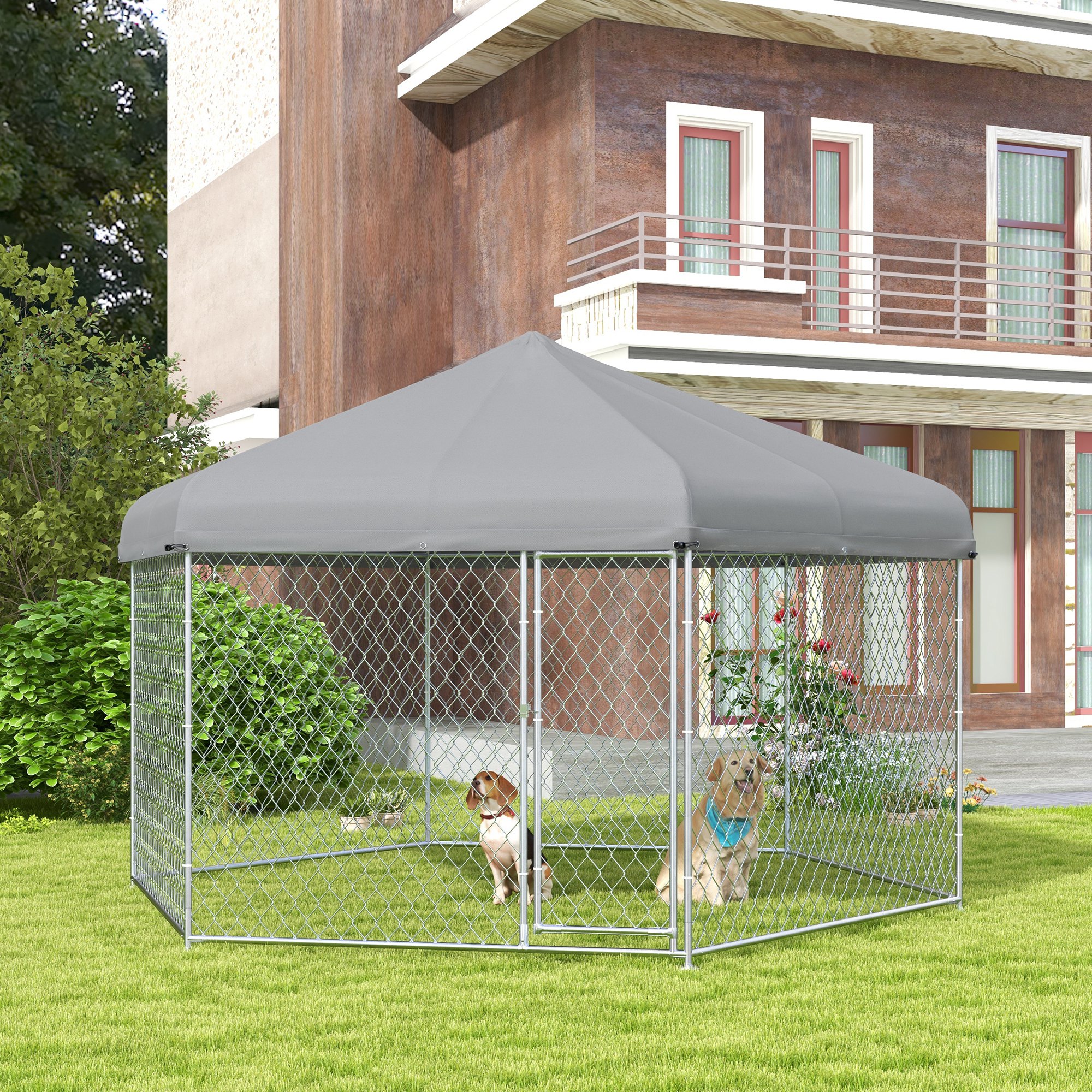 13.4' x 11.5' x 8.8' Dog Kennel Outdoor for Medium and Large Sized Dogs with Waterproof UV Resistant Roof Silver - Shop at LoveMi