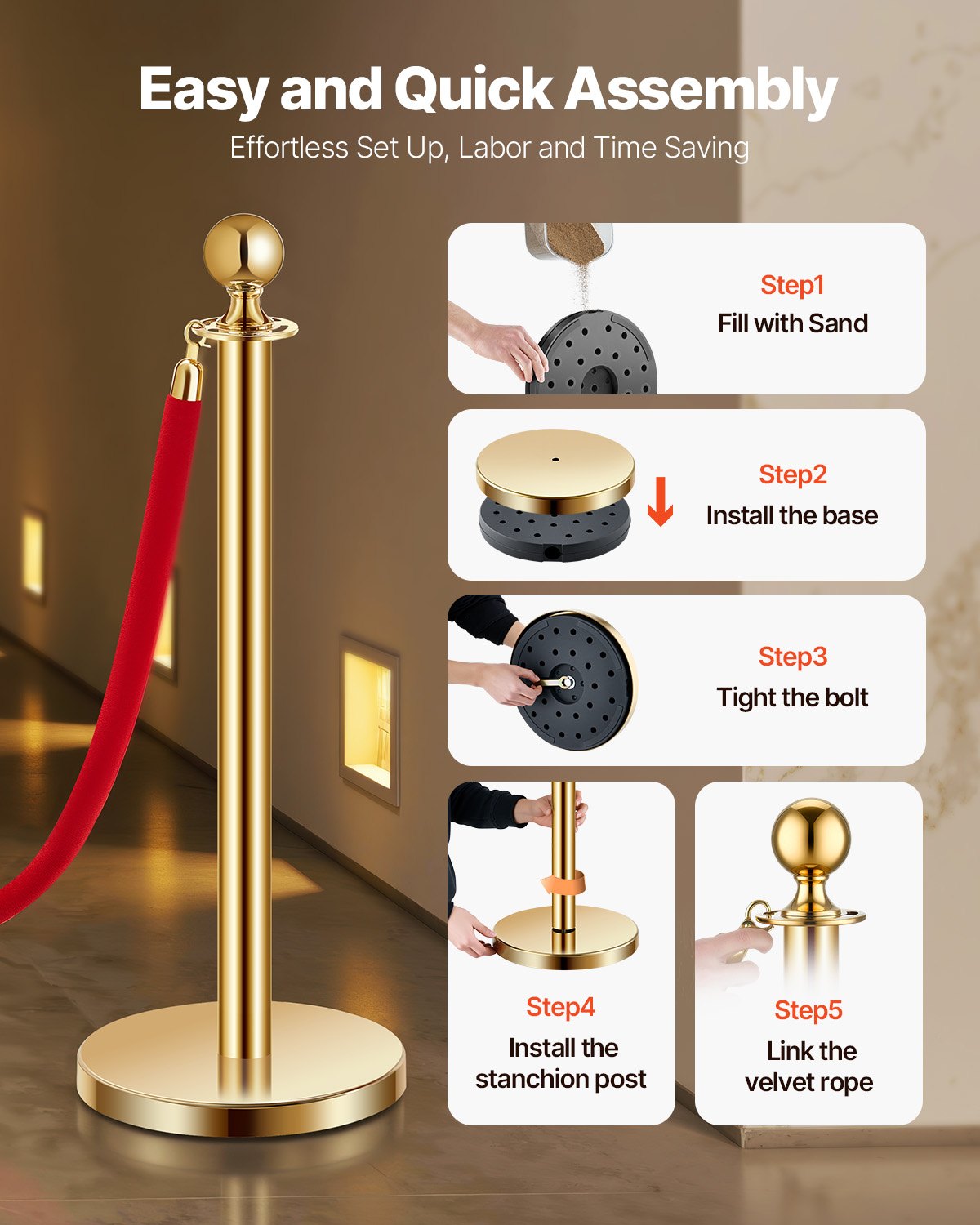 Stanchion Post, 4 Pcs Crowd Control Barrier Set With 2 Red Velvet Ropes, 5 Ft Stainless Steel Gold Stanchion Post Queue With Sand Injection Hollow Base For Theater, Party, Wedding, Exhibition