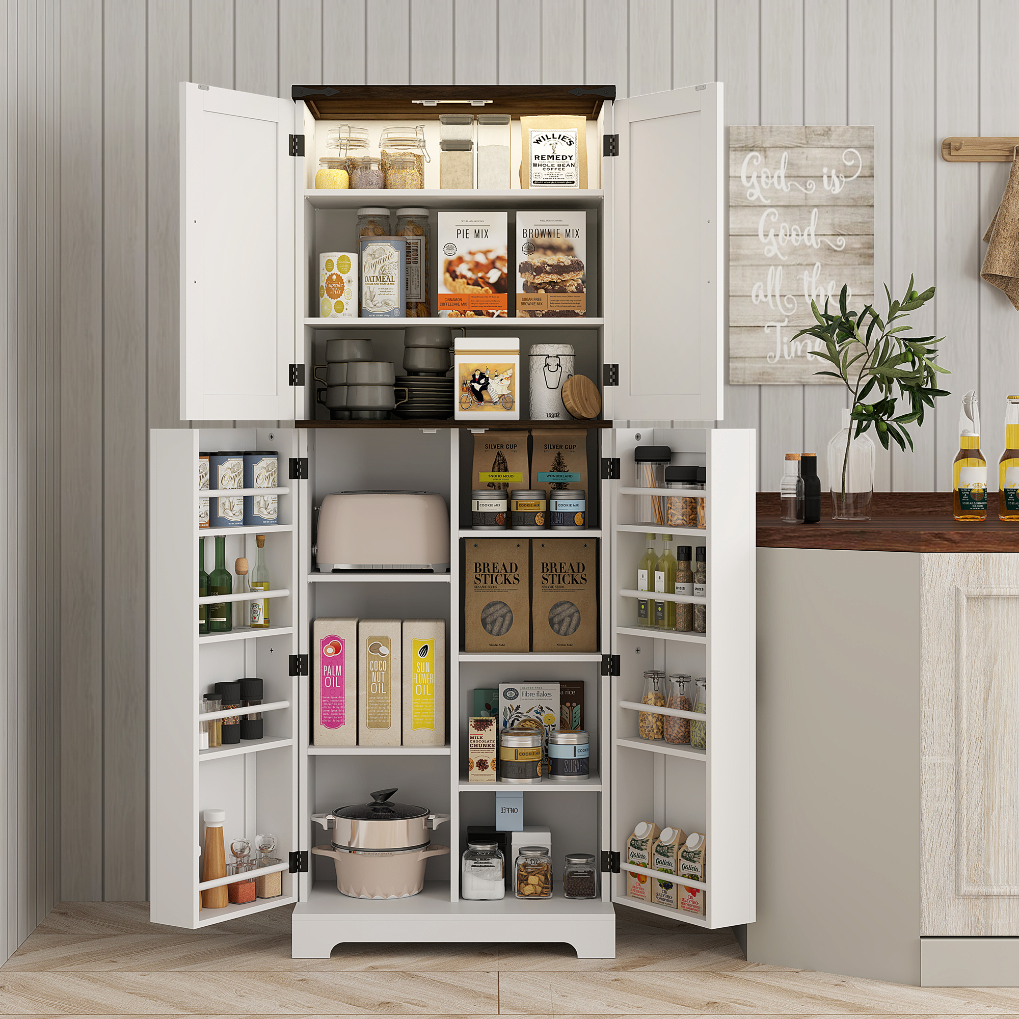 64" Tall Kitchen Pantry Cabinet with Motion Sensor Light view 2