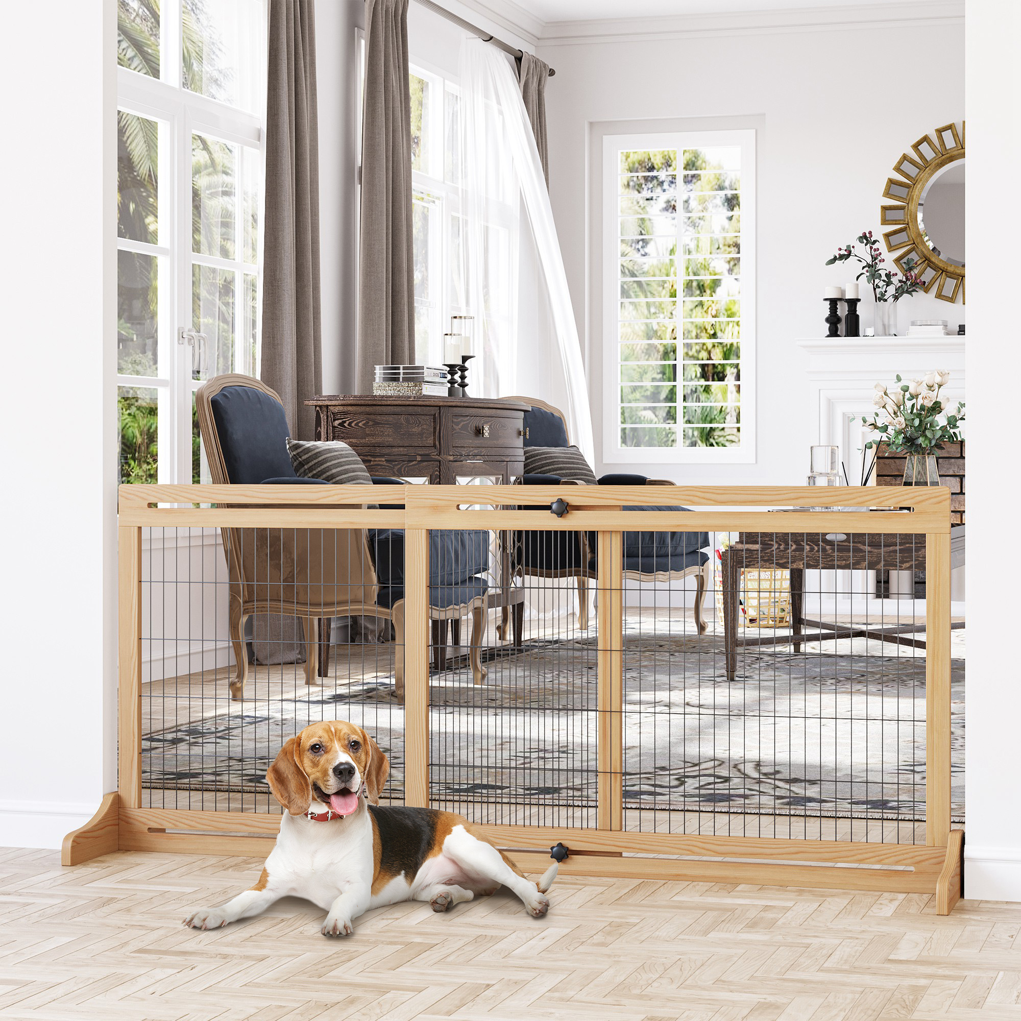 72" W x 27.25" H Extra Wide Freestanding Pet Gate with Adjustable Length Dog Natural Wood - Shop at LoveMi