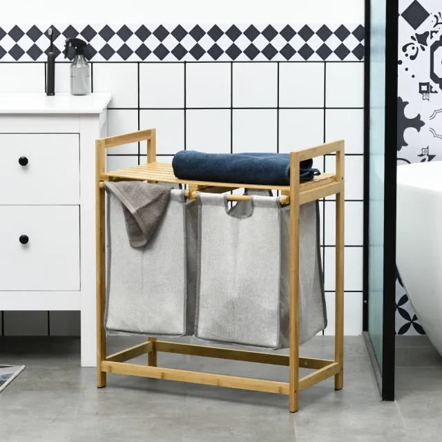 Bamboo Laundry Basket, Double Laundry Hamper with Shelf, 2 Pull Out and Removable Bags, Natural Wood and Dark Gray Natural, Dark Gray - Shop at LoveMi