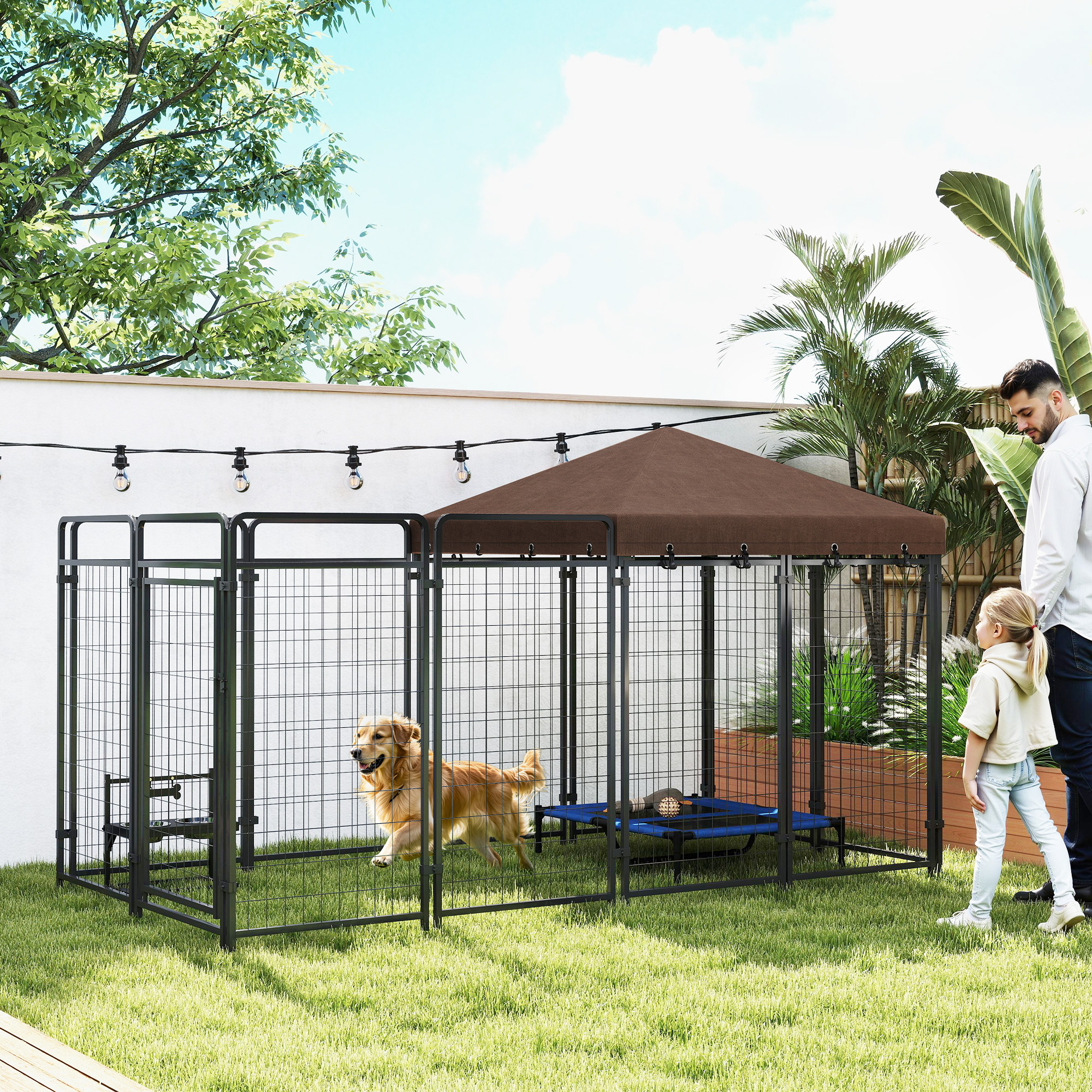 Dog Kennel Outdoor with Waterproof Canopy, Dog Run with Galvanized Chain Link, Secure Lock, for Backyard and Patio, Large and Medium Sized Breeds, Chickens, Ducks, 9.3 x 4.6 x 5.2