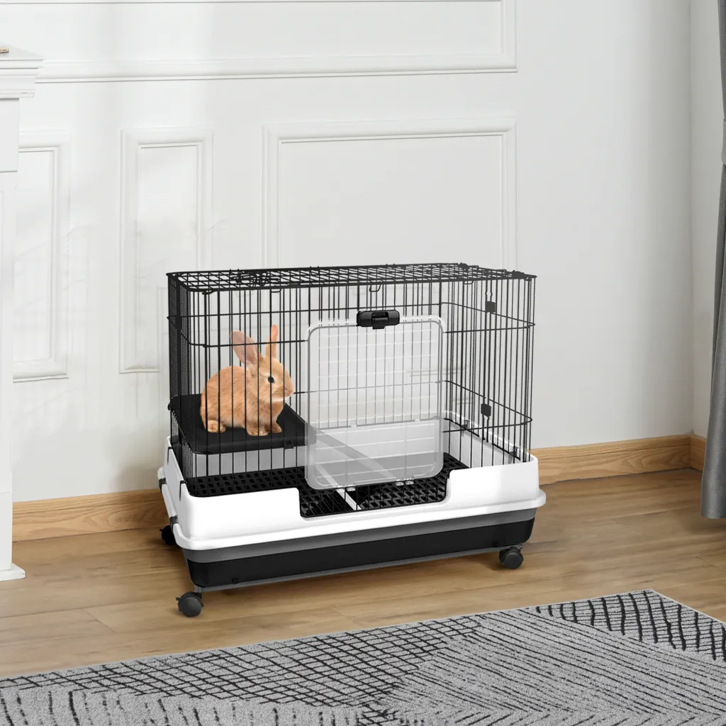 2-Level Small Animal Cage Rabbit Hutch with Wheels - Black