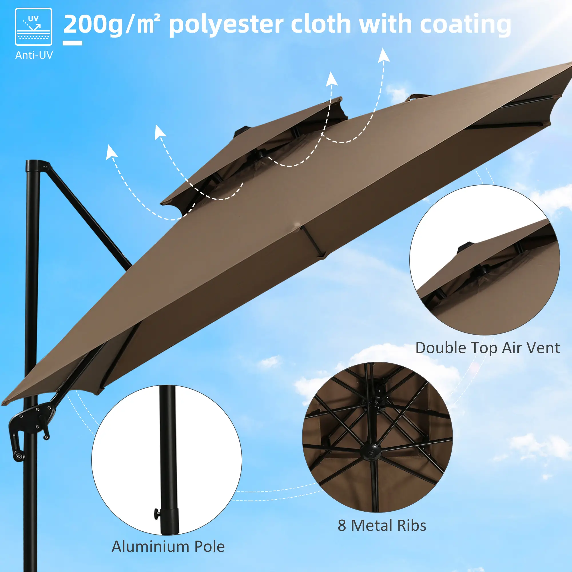 10ft Offset Patio Umbrella with Base, Double Top Hanging Aluminum Cantilever Umbrella with 360-degree Rotation, Easy Tilt, 8 Ribs, Crank, Cross Base, Cover, Str