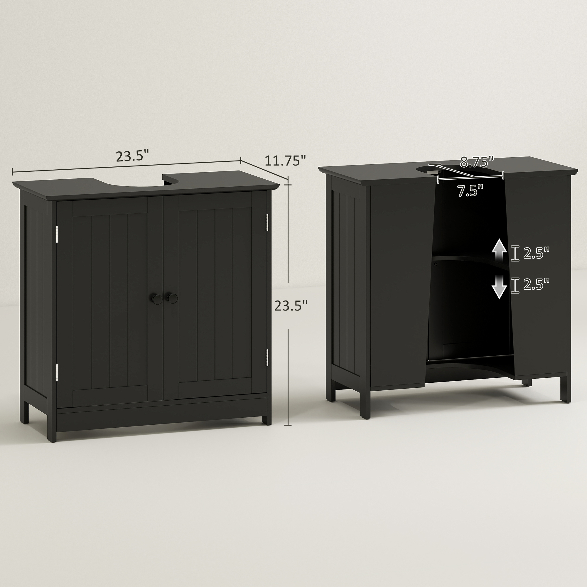 Under Sink Bathroom Cabinet, Pedestal Sink Storage Cabinet with 2 Doors, Shelf and U-Shape, Black image 2
