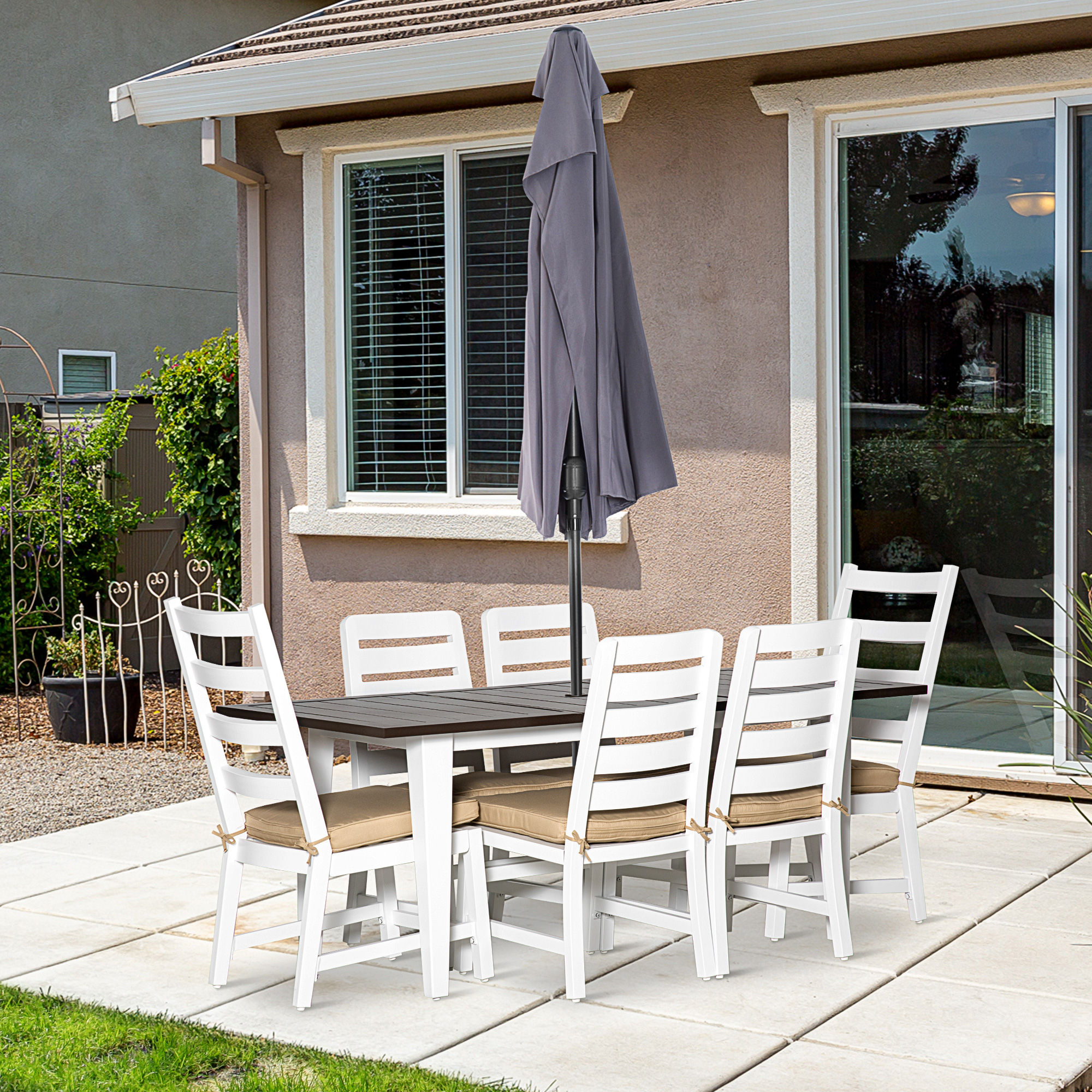 Patio Dining Set for 6, Outdoor Furniture Set with a Table & Chairs, Cushions, Umbrella Hole for Garden, Backyard, or Poolside, Beige