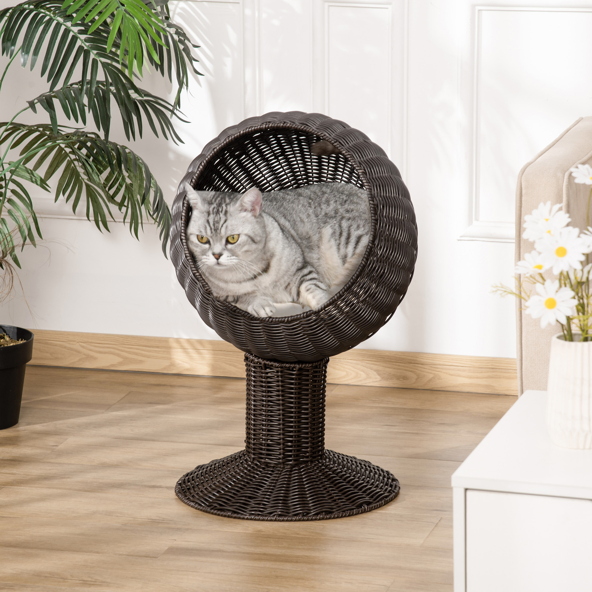 Handwoven Elevated Cat Bed with Soft Cushion & Egg Chair Shape Coffee - Shop at LoveMi