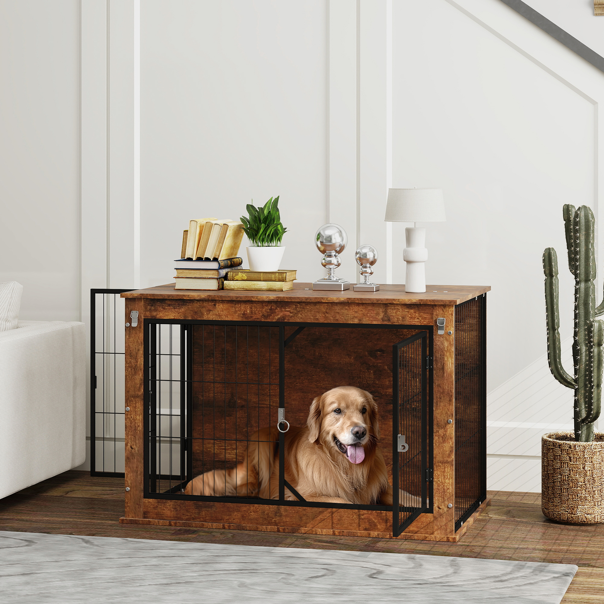 39" Dog Crate Furniture with Flip up Top Opening Rustic Brown - Shop at LoveMi